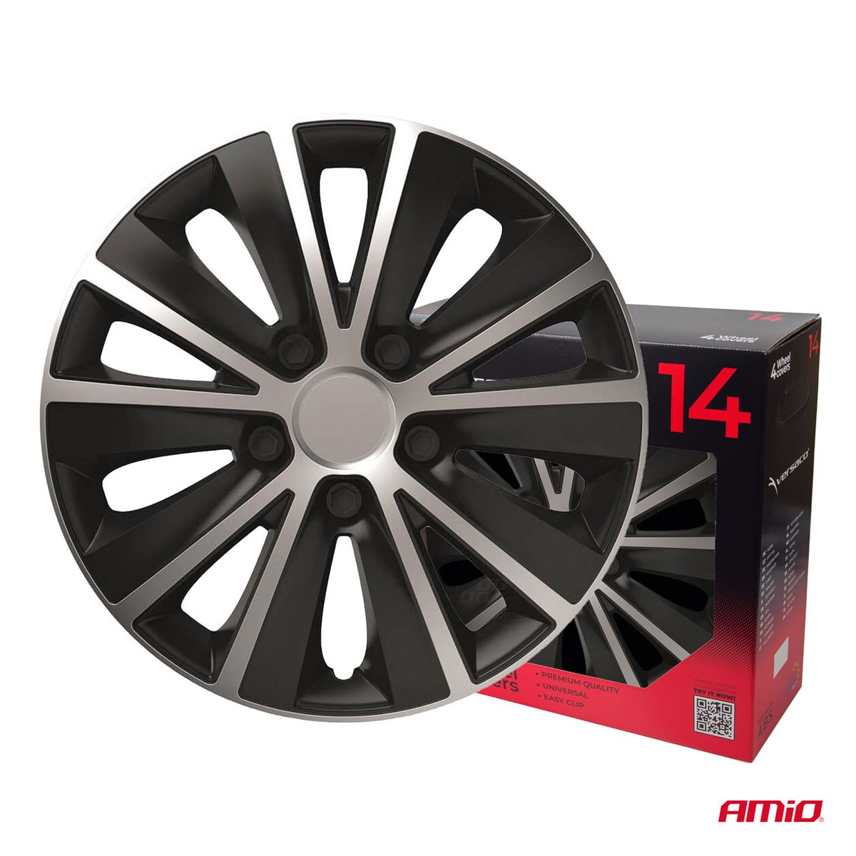 ENJOLIVEURS DE VOITURE 4PCS SET RAPIDE NOIR ET ARGENT 14" COLOR BOX