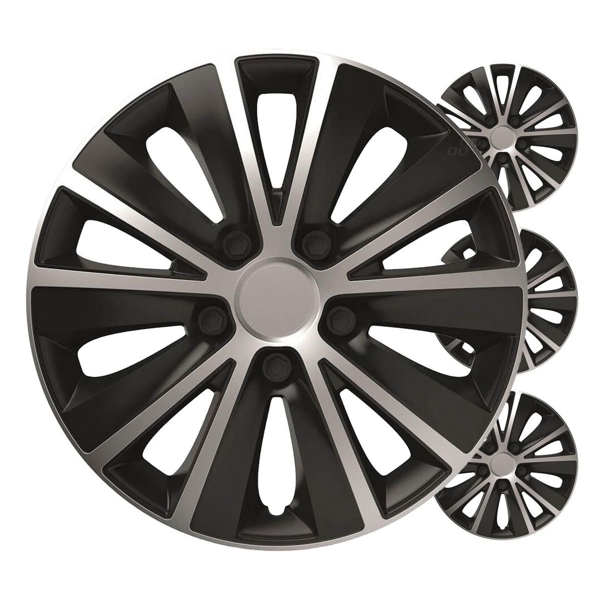 ENJOLIVEURS DE VOITURE 4PCS SET RAPIDE NOIR ET ARGENT 15" COLOR BOX