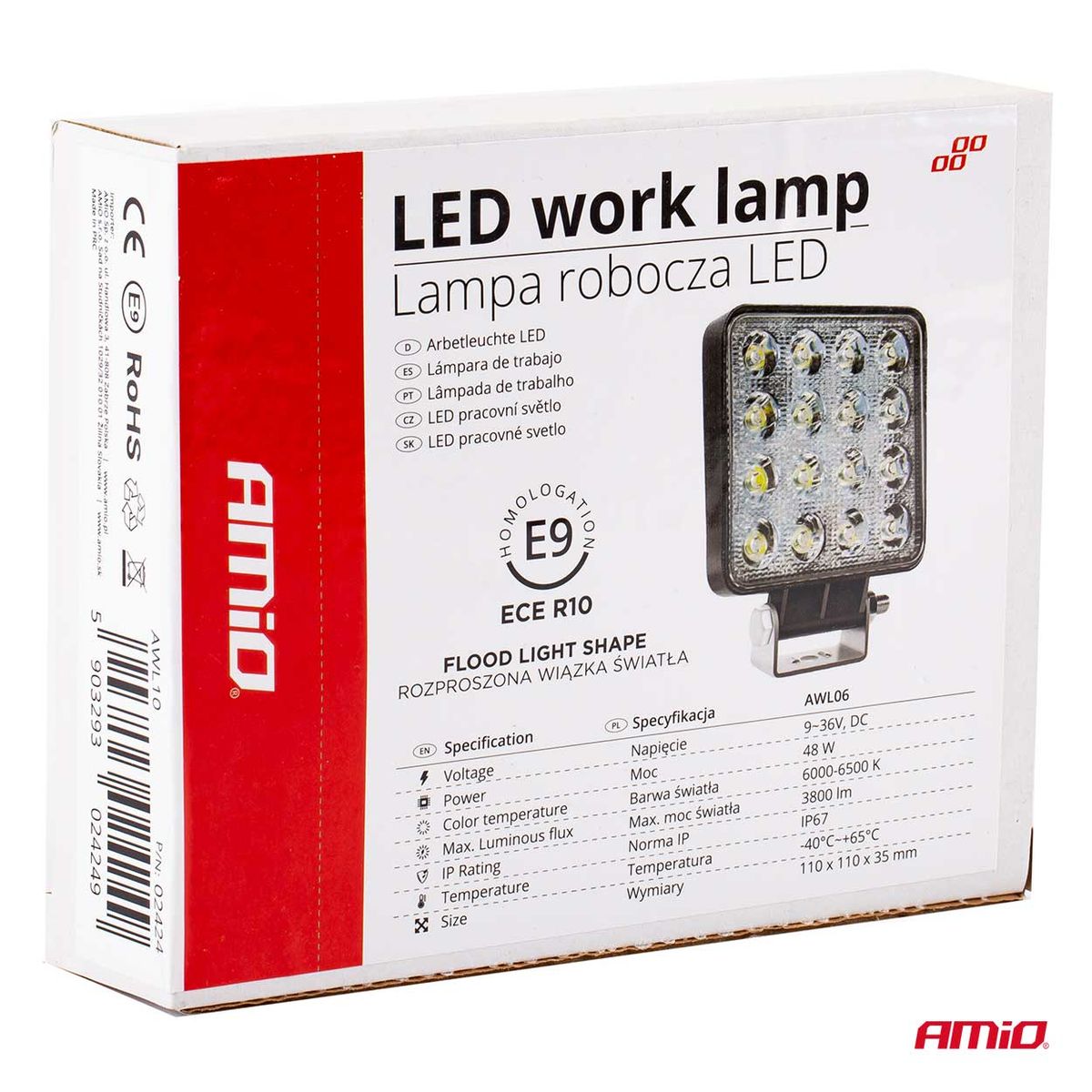 AMiO Phare de travail 16 LED 3840 lm, 9 à 36 V, 110 × 110 mm | 02424