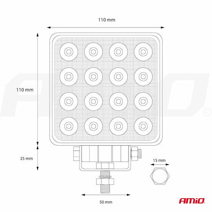 AMiO Phare de travail 16 LED 3840 lm, 9 à 36 V, 110 × 110 mm | 02424