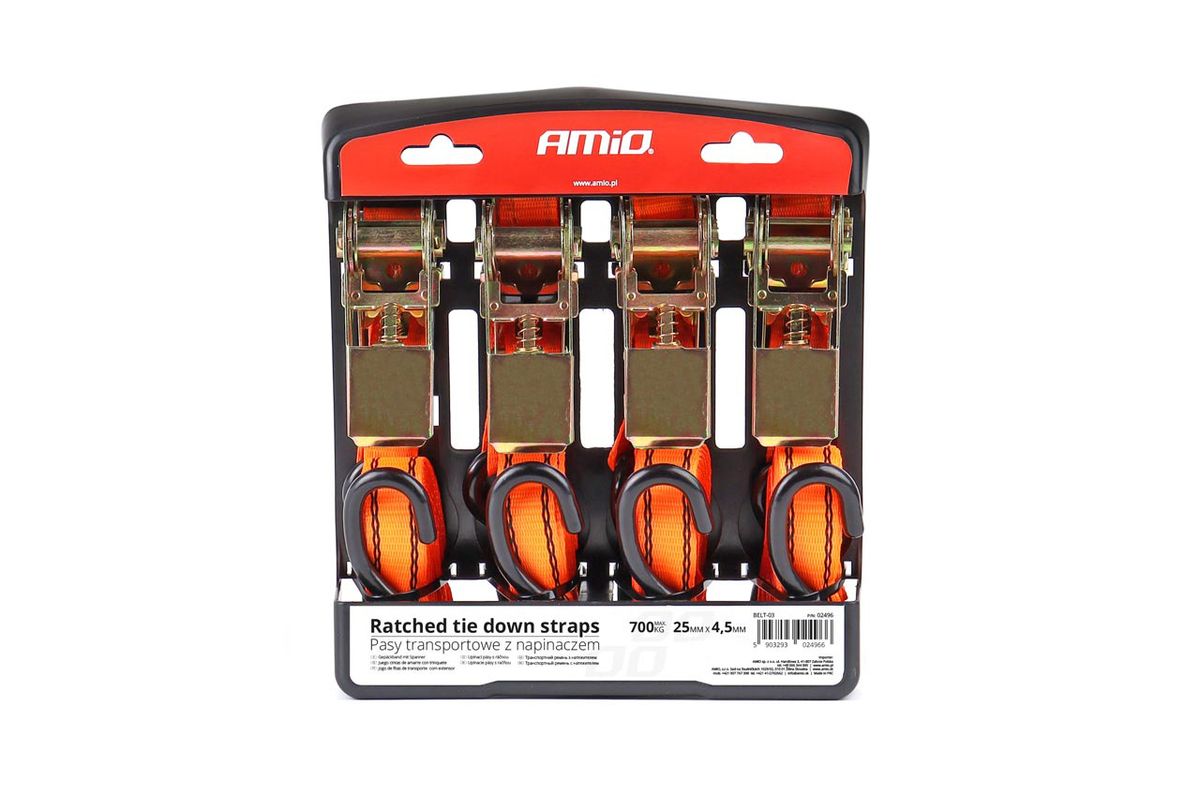 AMiO Lot de 4 sangles à cliquet 700 kg, 25 mm × 4,5 m | 02496