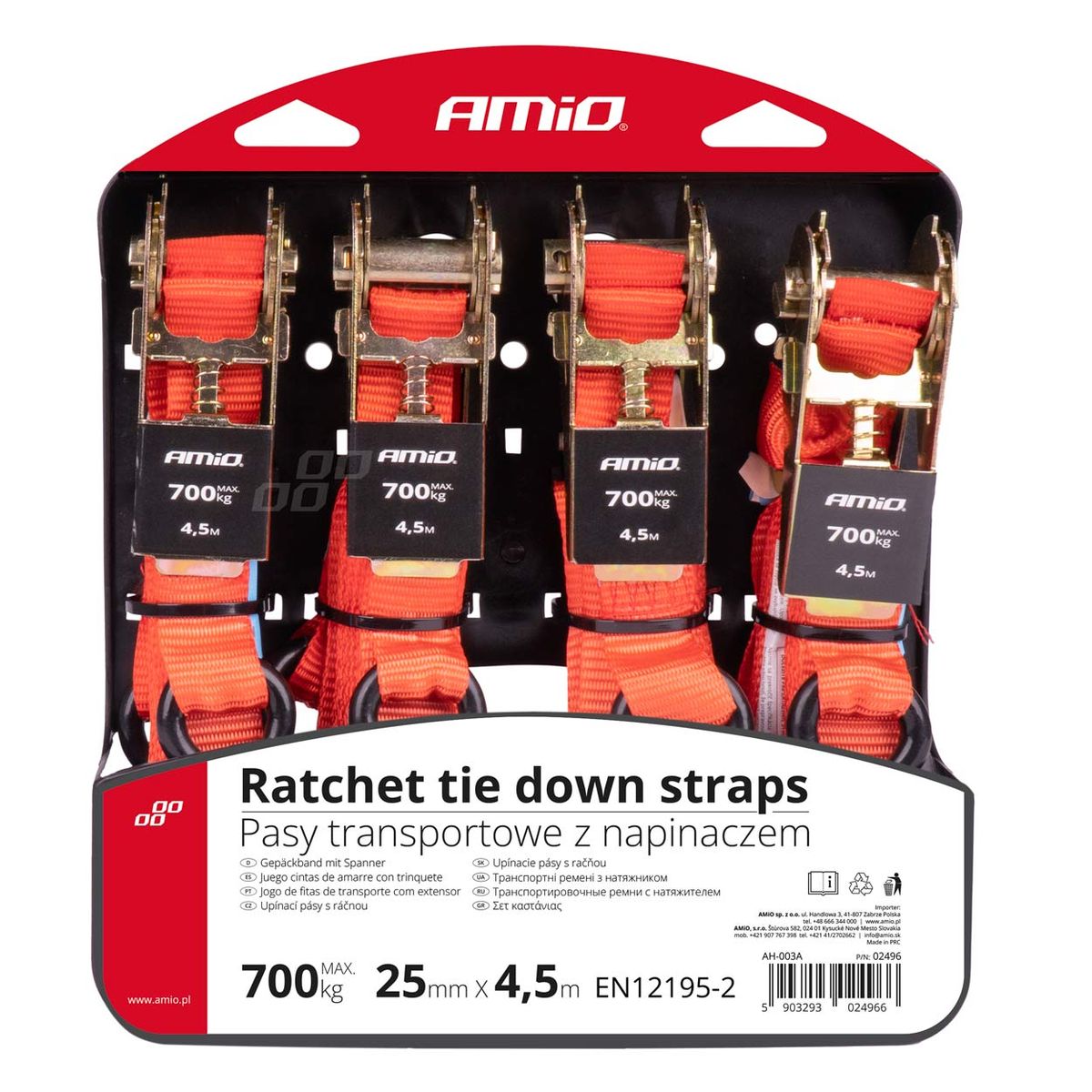 AMiO Lot de 4 sangles à cliquet 700 kg, 25 mm × 4,5 m | 02496
