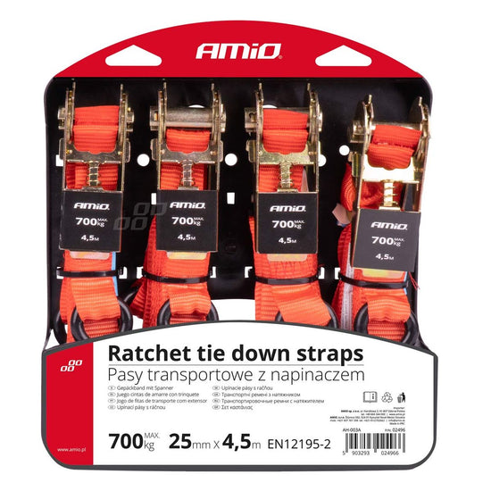 AMiO Lot de 4 sangles à cliquet 700 kg, 25 mm × 4,5 m | 02496