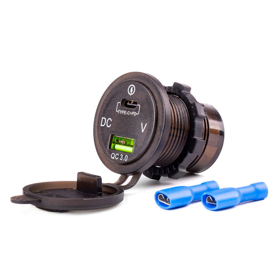 CHARGEUR ETANCHE AVEC VOLTMETRE USB + USB-C AMIO