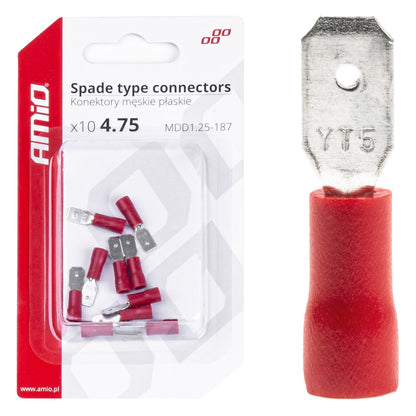 COSSES PLATES MALES ROUGES 4.75MM (0.5-1.5MM²) 10A 10 PCS AMIO