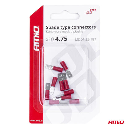 COSSES PLATES MALES ROUGES 4.75MM (0.5-1.5MM²) 10A 10 PCS AMIO