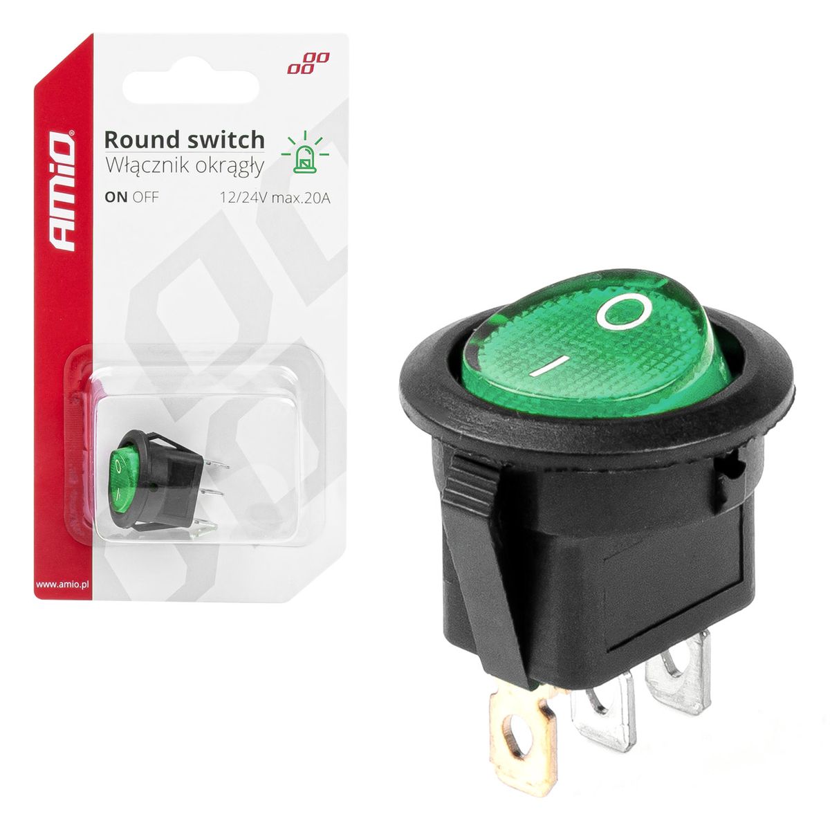 INTERRUPTEUR ROND AVEC LUMIERE VERTE 12/24V 20A ON/OFF AMIO