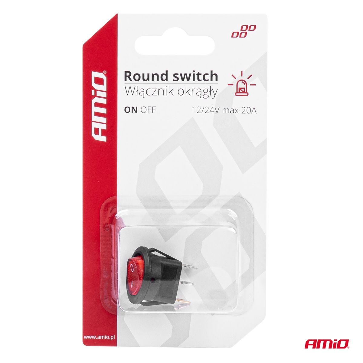INTERRUPTEUR ROND AVEC LUMIERE ROUGE 12/24V MAX 20A ON/OFF AMIO