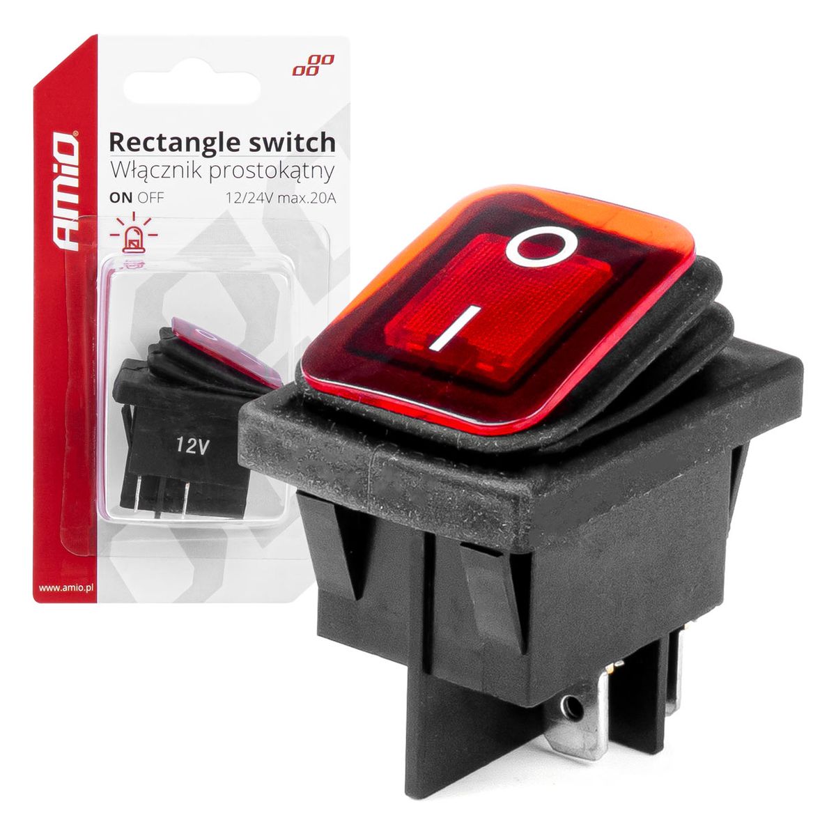 INTERRUPTEUR RECTANGULAIRE ROUGE UNIVERSEL 12/24V 20A AMIO