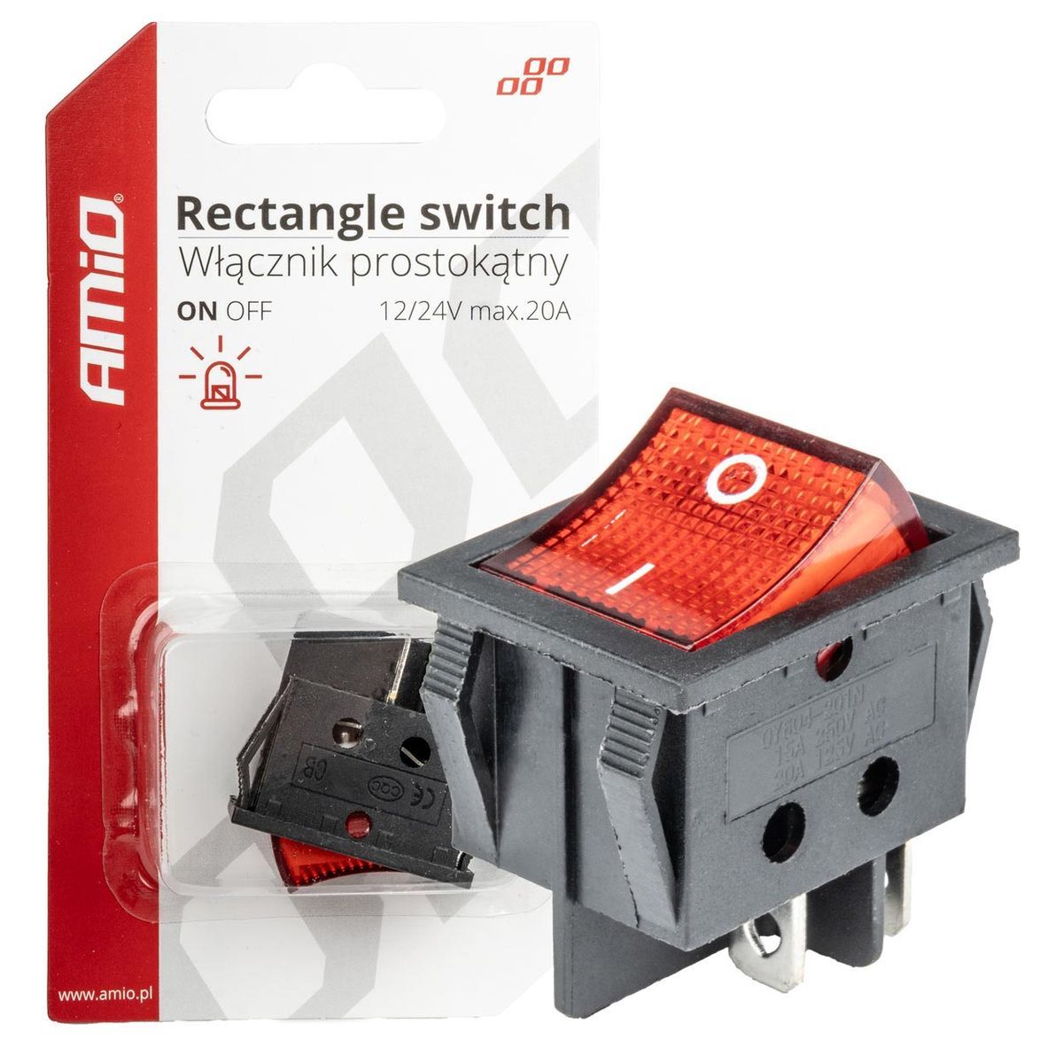 INTERRUPTEUR RECTANGULAIRE 12V/230V (AVEC LUMIERE ROUGE) AMIO