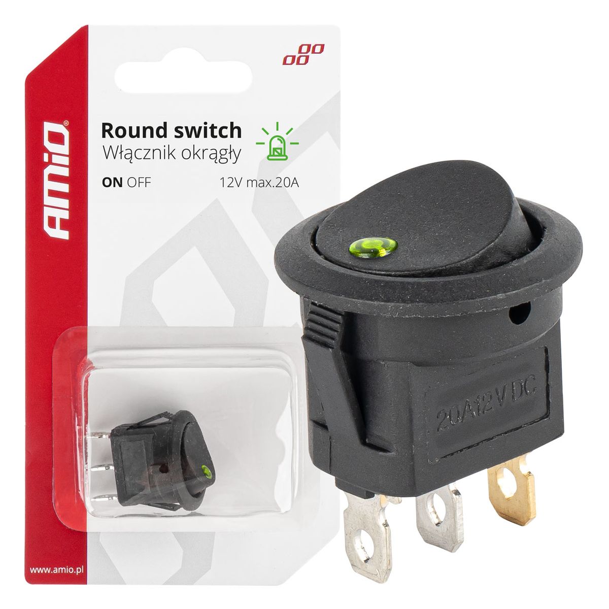 INTERRUPTEUR ROND AVEC LUMIERE VERTE 12V 20A AMIO