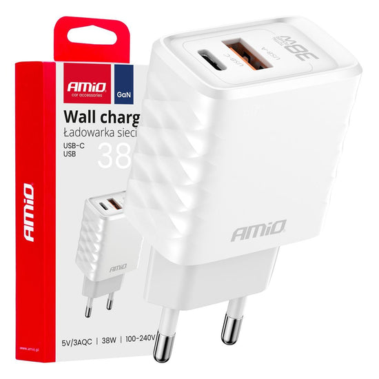 CHARGEUR MURAL À CHARGE RAPIDE 38W USB-A + USB-C AMIO