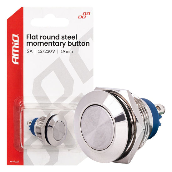 INTERRUPTEUR BOUTON PLAT ROND EN ACIER 19 MM 5 A 12/230V AMIO