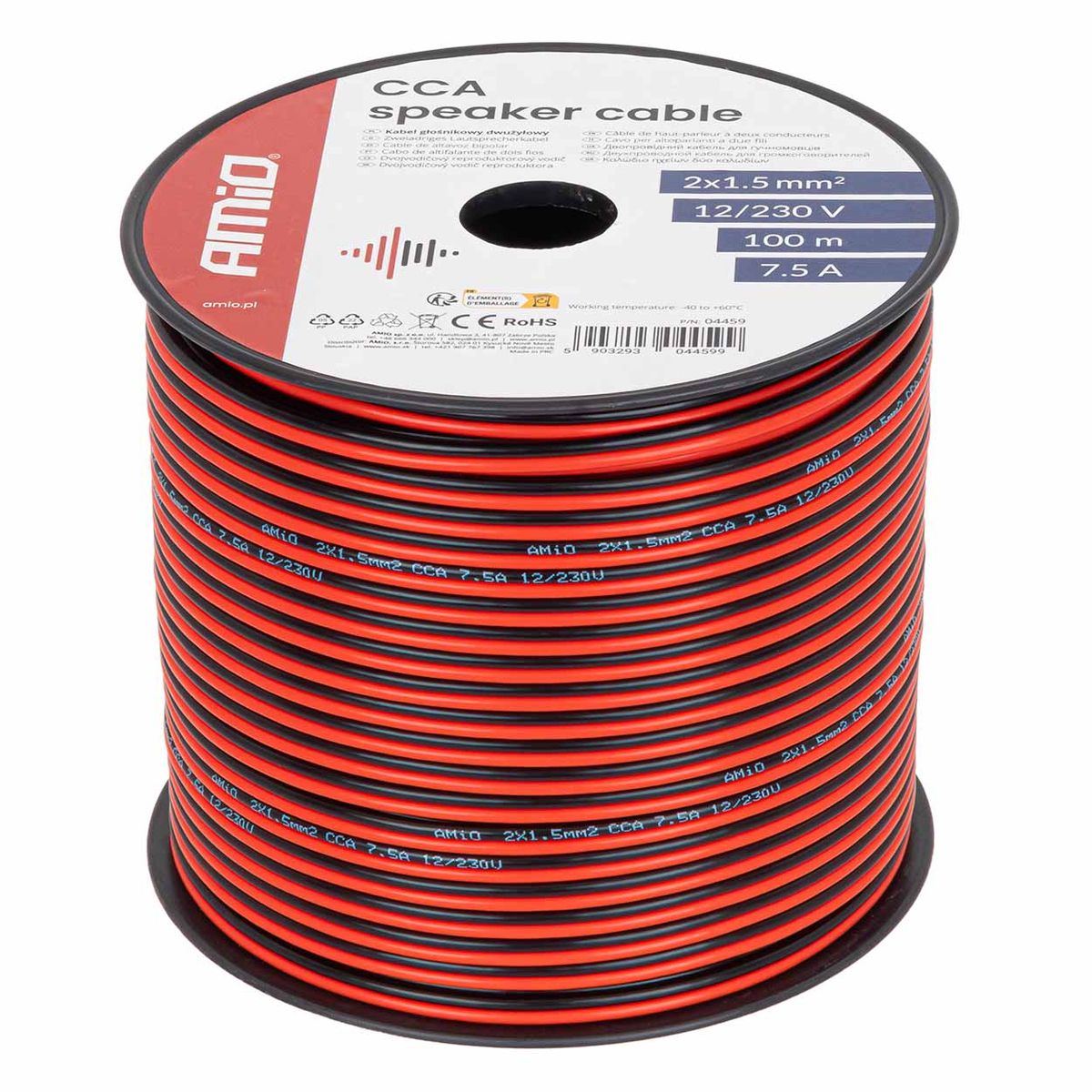 BOBINE CÂBLE HAUT-PARLEUR DEUX CONDUCTEURS CCA 2X1.5MM2 100M 7.5A AMIO