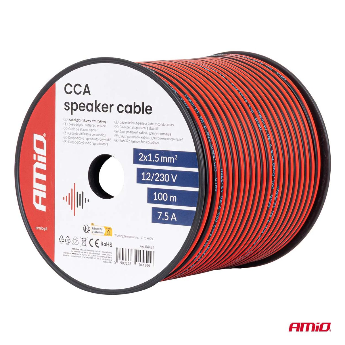 BOBINE CÂBLE HAUT-PARLEUR DEUX CONDUCTEURS CCA 2X1.5MM2 100M 7.5A AMIO