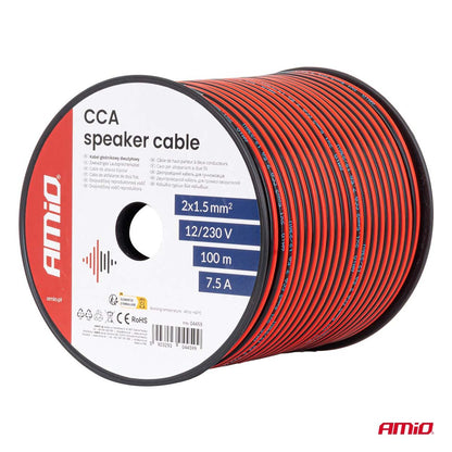 BOBINE CÂBLE HAUT-PARLEUR DEUX CONDUCTEURS CCA 2X1.5MM2 100M 7.5A AMIO