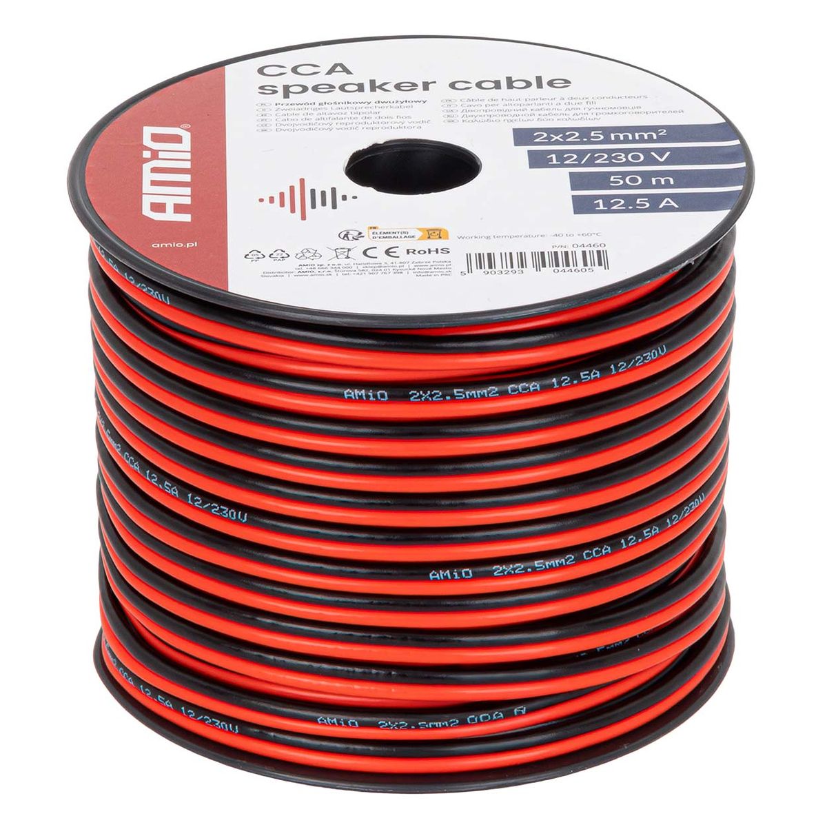 BOBINE CÂBLE DE HAUT-PARLEUR MONOCONDUCTEUR CCA 2X2.5MM2 50M 12.5A AMIO