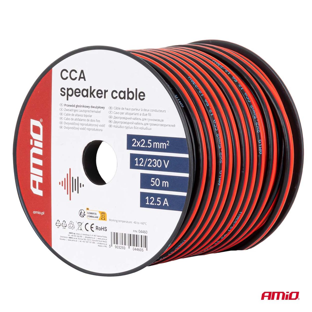 BOBINE CÂBLE DE HAUT-PARLEUR MONOCONDUCTEUR CCA 2X2.5MM2 50M 12.5A AMIO