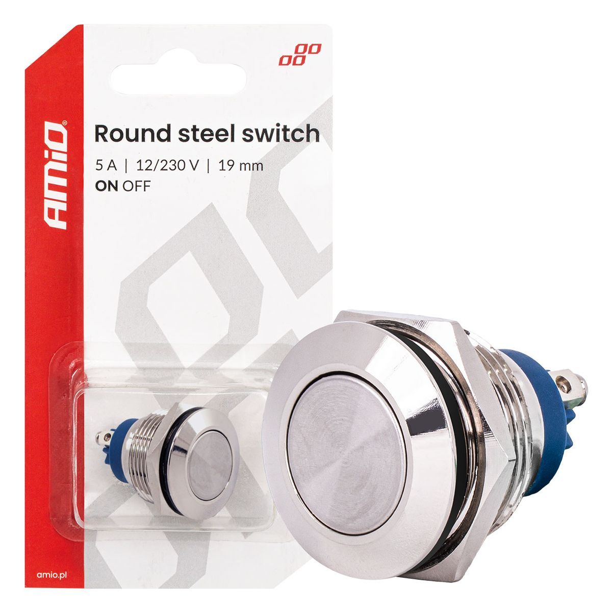 INTERRUPTEUR BOUTON PLAT ROND EN ACIER ON/OFF 19MM 5A 12/230V AMIO