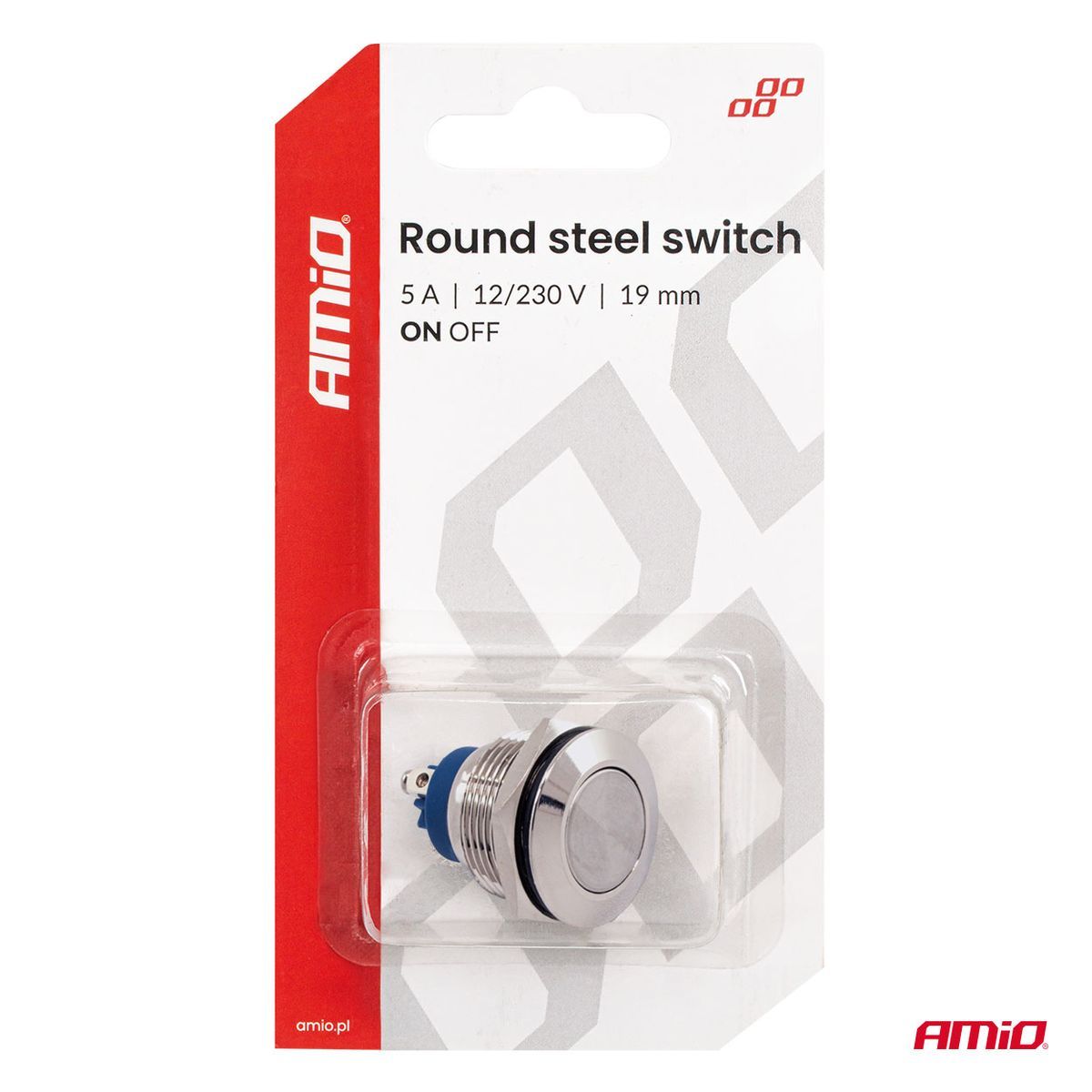 INTERRUPTEUR BOUTON PLAT ROND EN ACIER ON/OFF 19MM 5A 12/230V AMIO