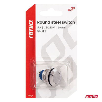 INTERRUPTEUR BOUTON PLAT ROND EN ACIER ON/OFF 19MM 5A 12/230V AMIO