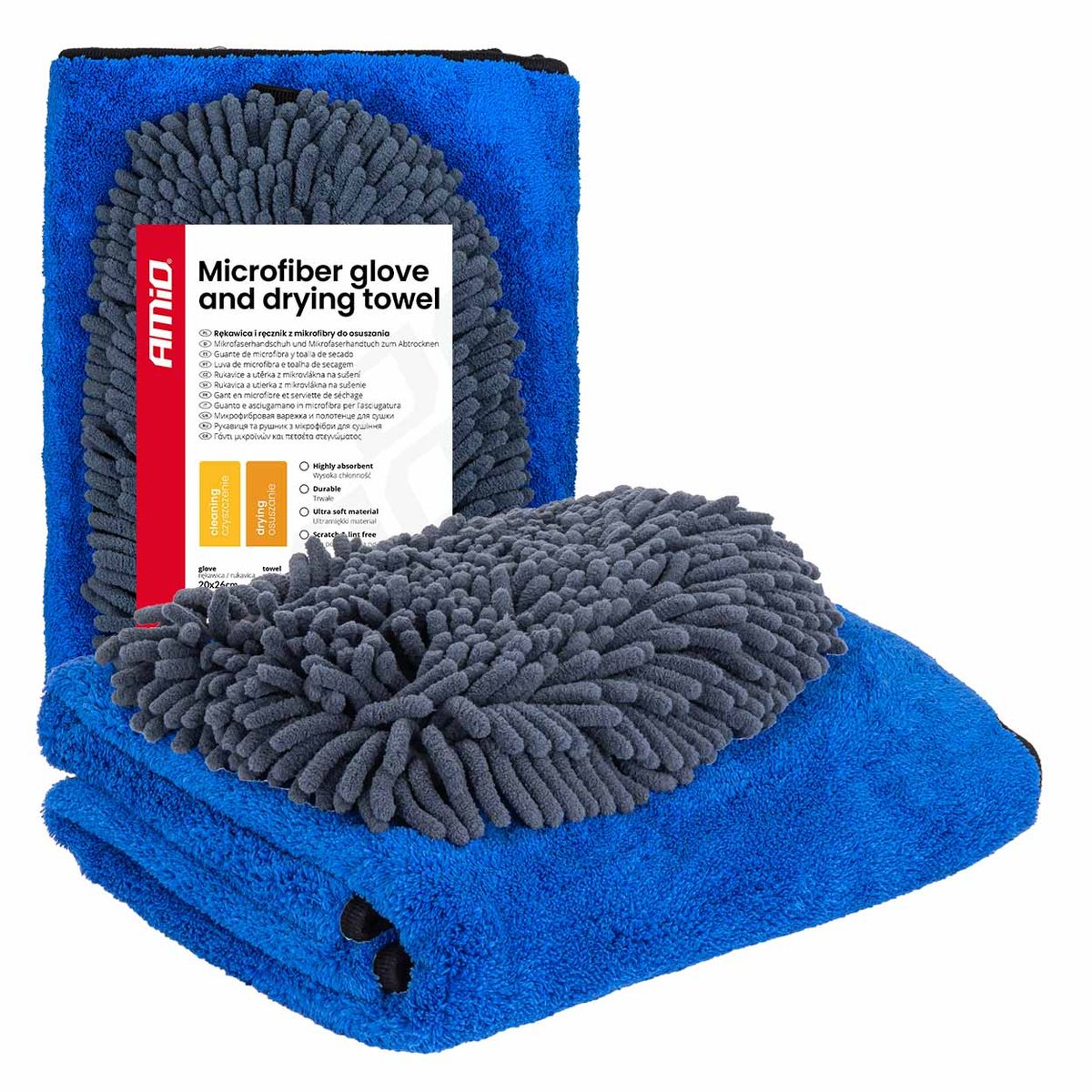 LOT GANT MICROFIBRE 20X26CM + SERVIETTE DE SÉCHAGE 60X90CM AMIO