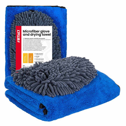 LOT GANT MICROFIBRE 20X26CM + SERVIETTE DE SÉCHAGE 60X90CM AMIO