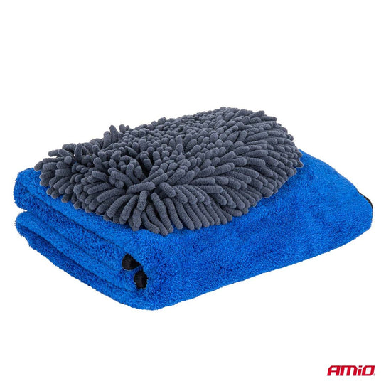 LOT GANT MICROFIBRE 20X26CM + SERVIETTE DE SÉCHAGE 60X90CM AMIO