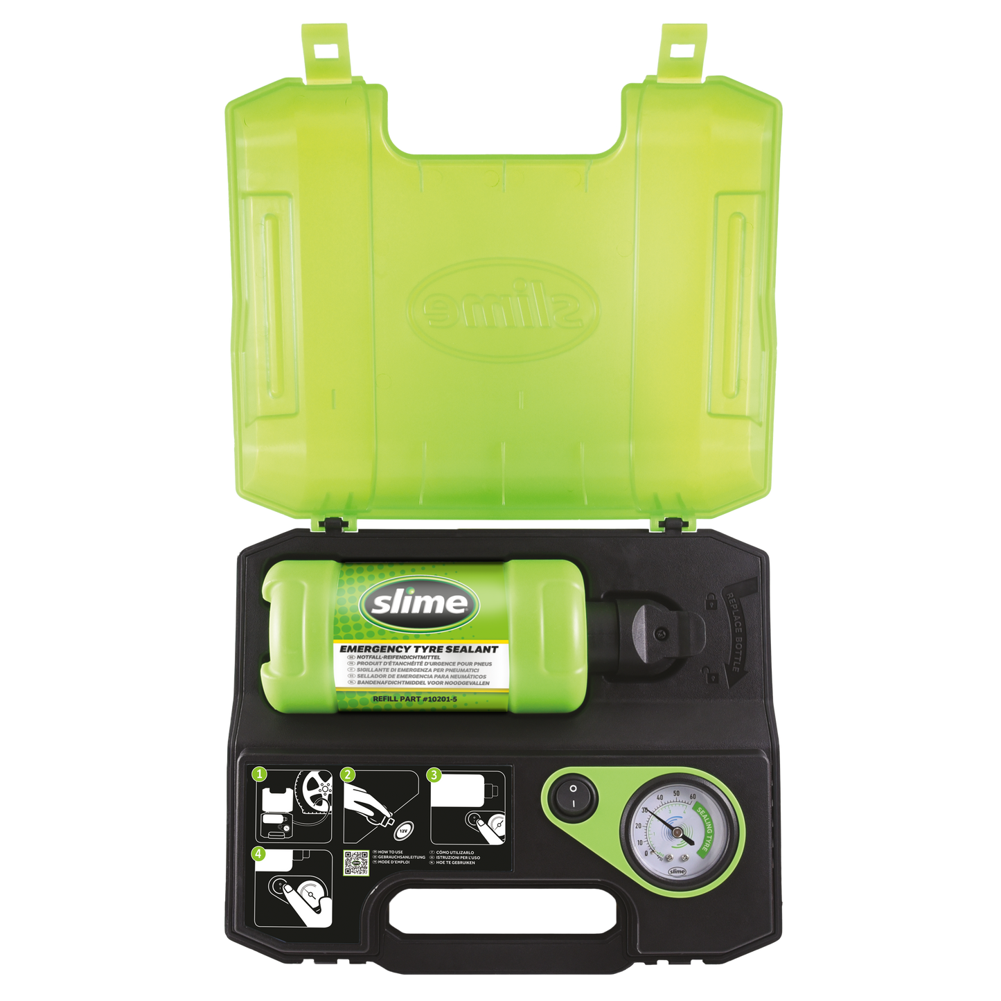 KIT ANTI-CREVAISON A INJECTION AUTOMATIQUE AVEC BOUTEILLE INTEGREE 414ML ET COMPRESSEUR SLIME