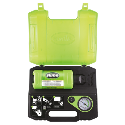 KIT ANTI-CREVAISON A INJECTION AUTOMATIQUE AVEC BOUTEILLE INTEGREE 414ML ET COMPRESSEUR SLIME