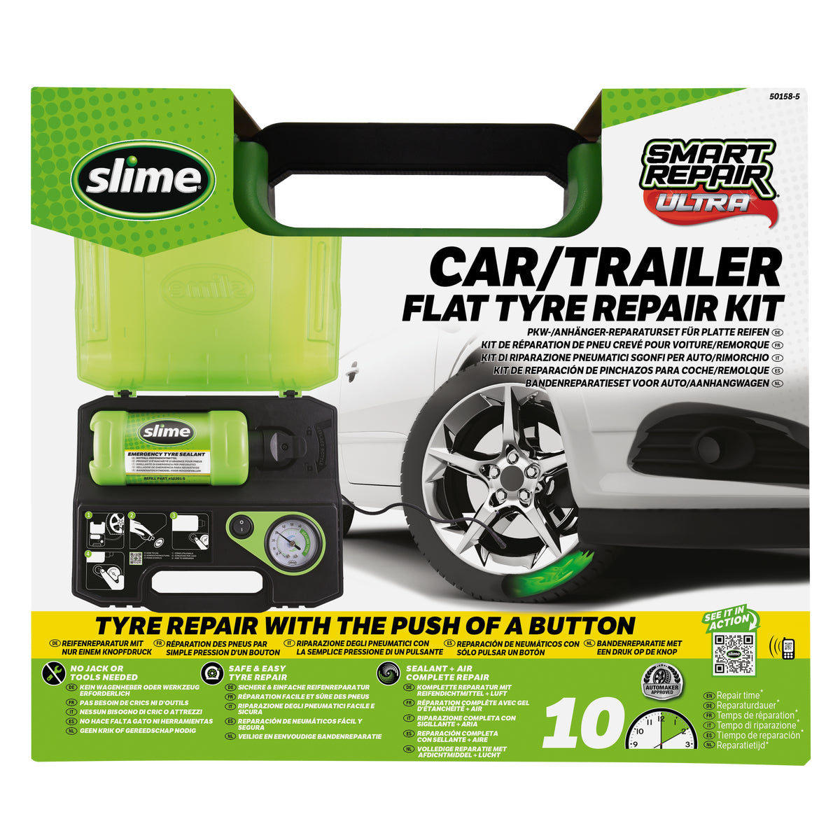 KIT ANTI-CREVAISON A INJECTION AUTOMATIQUE AVEC BOUTEILLE INTEGREE 414ML ET COMPRESSEUR SLIME