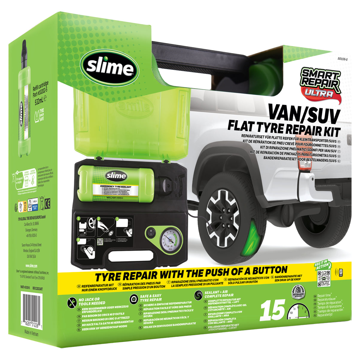 KIT ANTI-CREVAISON A INJECTION AUTOMATIQUE AVEC BOUTEILLE INTEGREE 532ML ET COMPRESSEUR SLIME