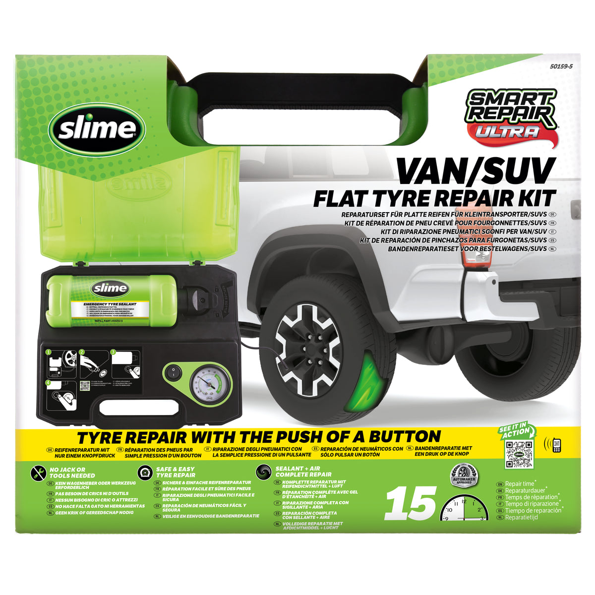 KIT ANTI-CREVAISON A INJECTION AUTOMATIQUE AVEC BOUTEILLE INTEGREE 532ML ET COMPRESSEUR SLIME