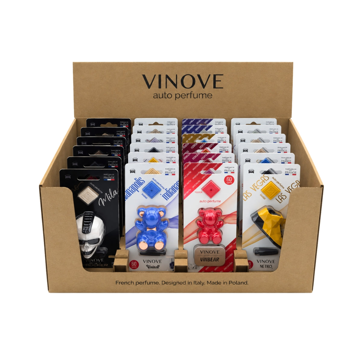 VINOVE Présentoir de 24 désodorisants ViBEAR, VillBEAR, ViROCKER et NETROshoe | PACKVI