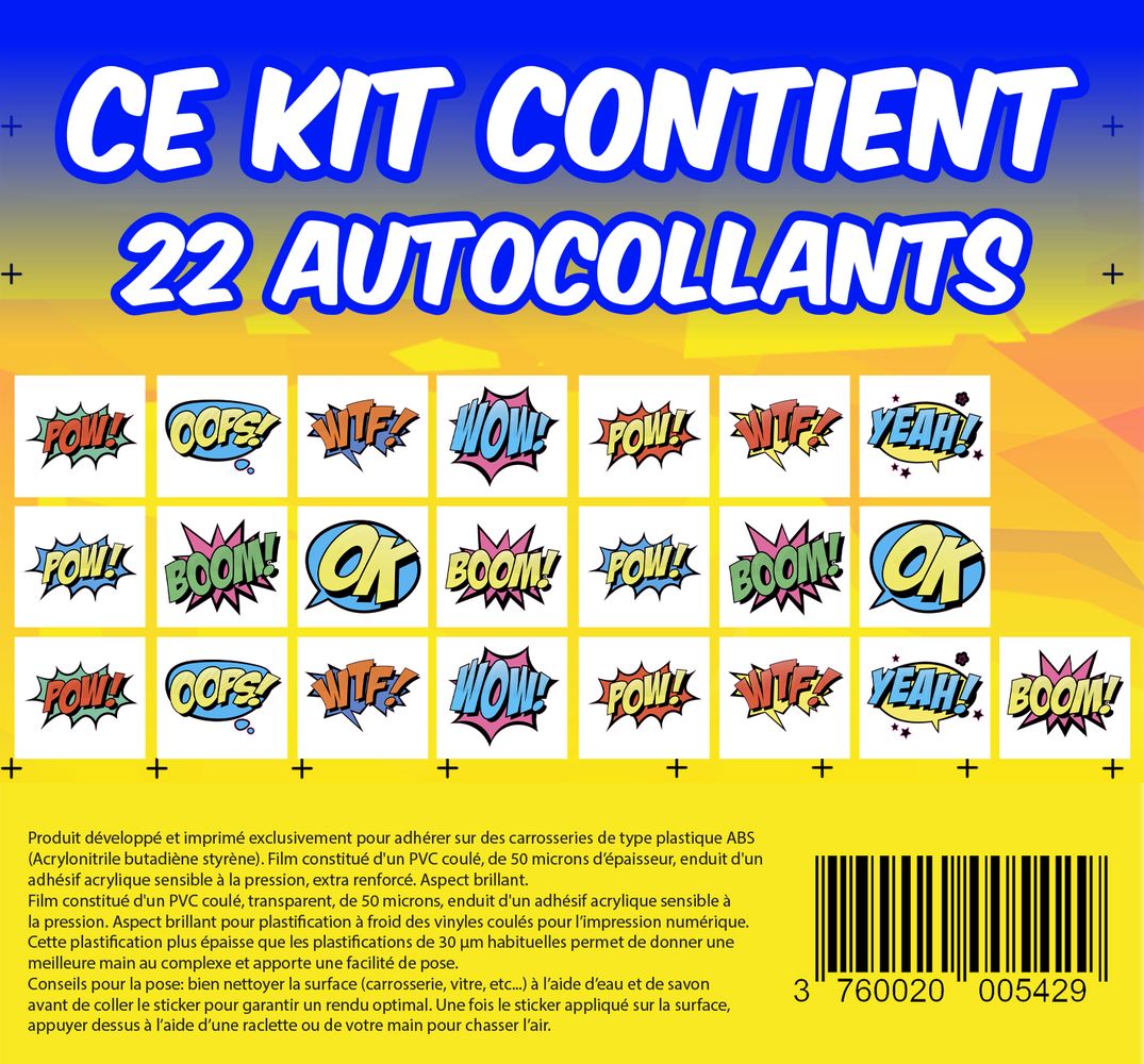 KIT 22 AUTOCOLLANTS DECO "BD" POUR VOITURE SANS PERMIS ABS