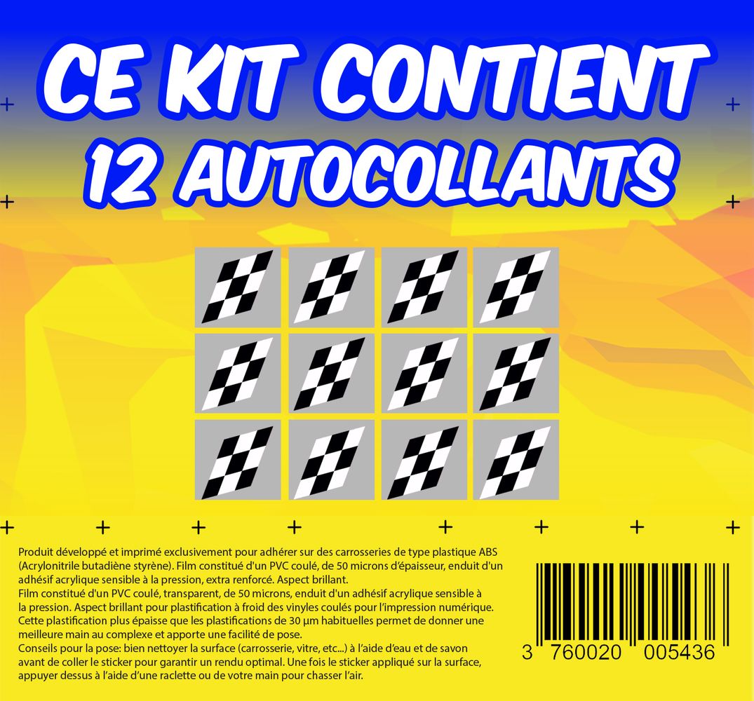 KIT 12 AUTOCOLLANTS DECO "DAMIER" (2 COTES) POUR VOITURE SANS PERMIS ABS