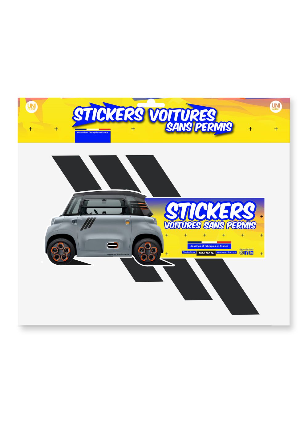 KIT AUTOCOLLANTS DECO AMI "TRIPLE BANDES" (2 COTES) POUR VOITURE SANS PERMIS ABS