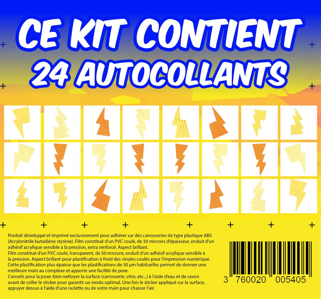 KIT 24 AUTOCOLLANTS DECO "ECLAIRS" POUR VOITURE SANS PERMIS ABS