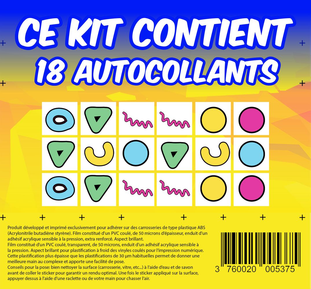 KIT 18 AUTOCOLLANTS DECO "FORME 90S" POUR VOITURE SANS PERMIS ABS