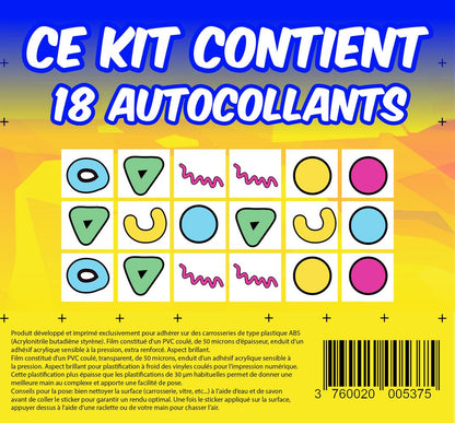 KIT 18 AUTOCOLLANTS DECO "FORME 90S" POUR VOITURE SANS PERMIS ABS