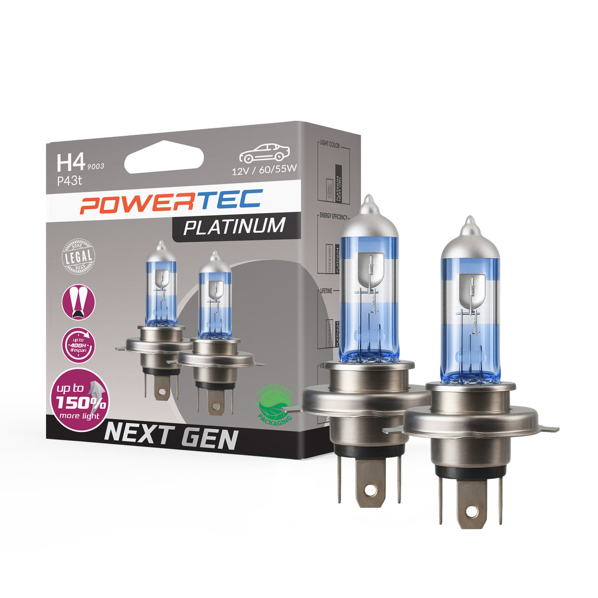 AMPOULES HALOGENES H4 P43T 12V 55W +130% PLATINUM (BLISTER) X2 MTECH