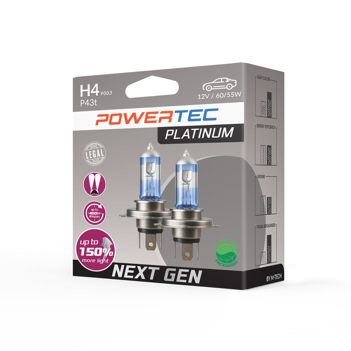 AMPOULES HALOGENES H4 P43T 12V 55W +130% PLATINUM (BLISTER) X2 MTECH