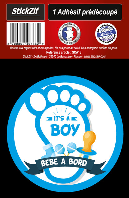 ADHESIF PRE DECOUPE "BEBE A BORD - IT'S A BOY" X1 Ø 8 CM