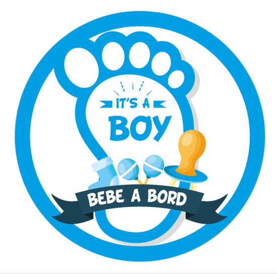 ADHESIF PRE DECOUPE "BEBE A BORD - IT'S A BOY" X1 Ø 8 CM