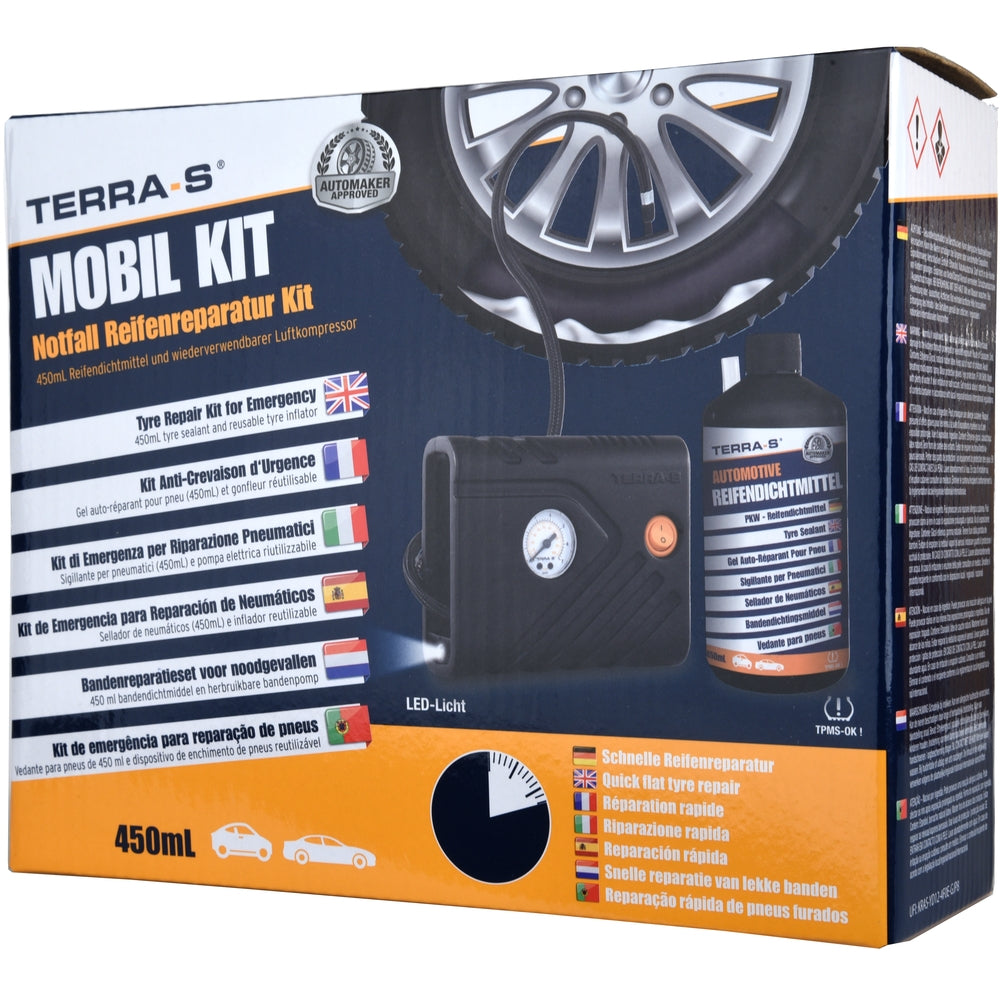 KIT ANTI-CREVAISON 450ML INJECTION MANUELLE BOUTEILLE SOUPLE AVEC COMPRESSEUR TERRA S