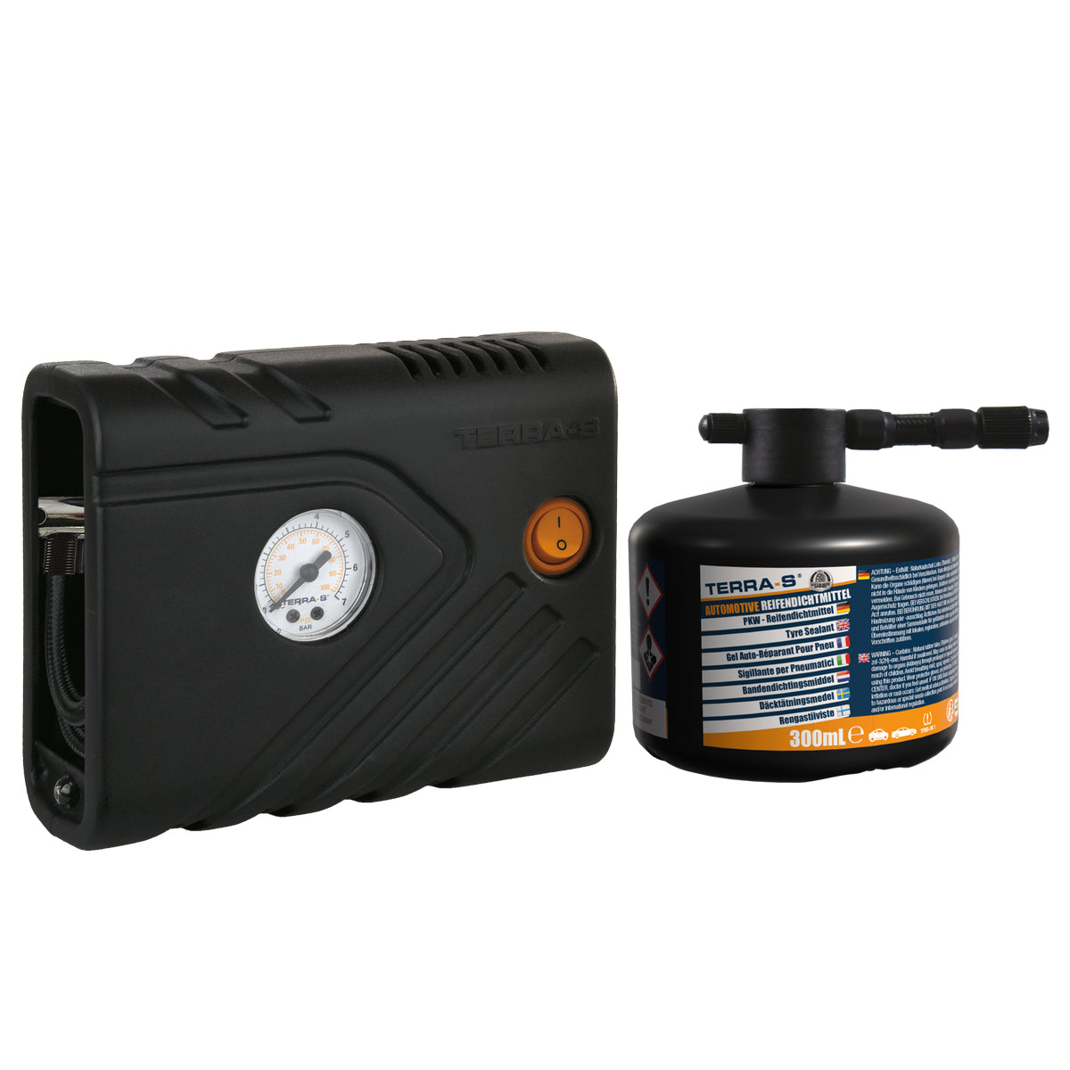 KIT ANTI-CREVAISON 300ML INJECTION SEMI AUTOMATIQUE BOUTEILLE RIGIDE AVEC COMPRESSEUR TERRA S