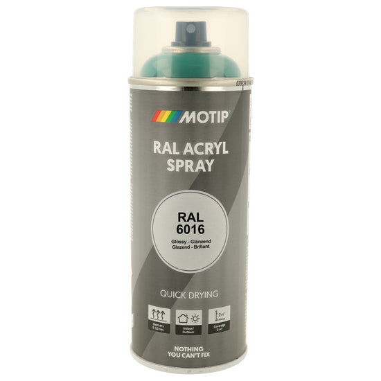 PEINTURE SECHAGE RAPIDE RAL ACRYL RAL6016 BRILLANT AEROSOL 400ML MOTIP