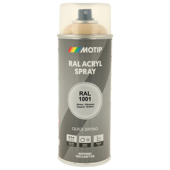 PEINTURE SECHAGE RAPIDE RAL ACRYL RAL1001 BRILLANT AEROSOL 400ML MOTIP