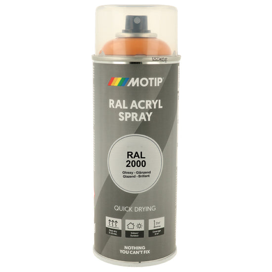 PEINTURE SECHAGE RAPIDE RAL ACRYL RAL2000 BRILLANT AEROSOL 400ML MOTIP