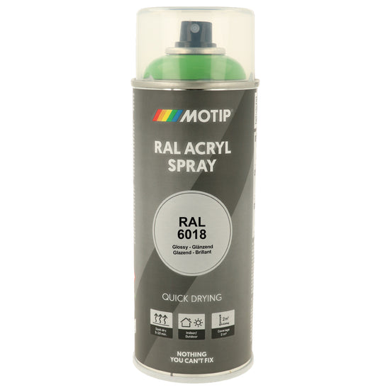 PEINTURE SECHAGE RAPIDE RAL ACRYL RAL6018 BRILLANT AEROSOL 400ML MOTIP